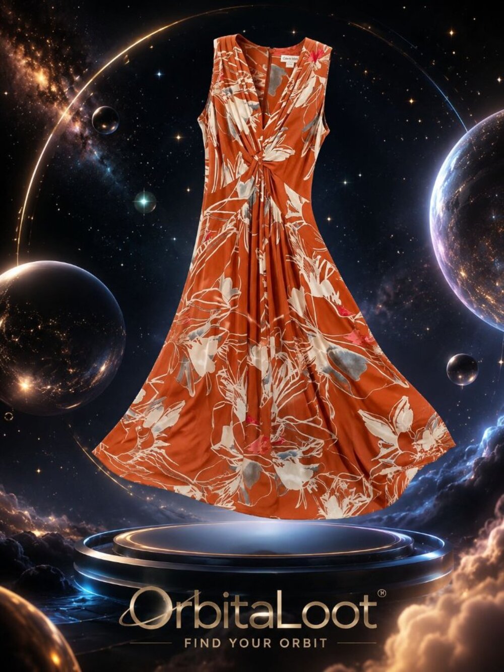 Calvin Klein Autumn Rust Floral Twist Front Midi Dress Sleeveless V Neck